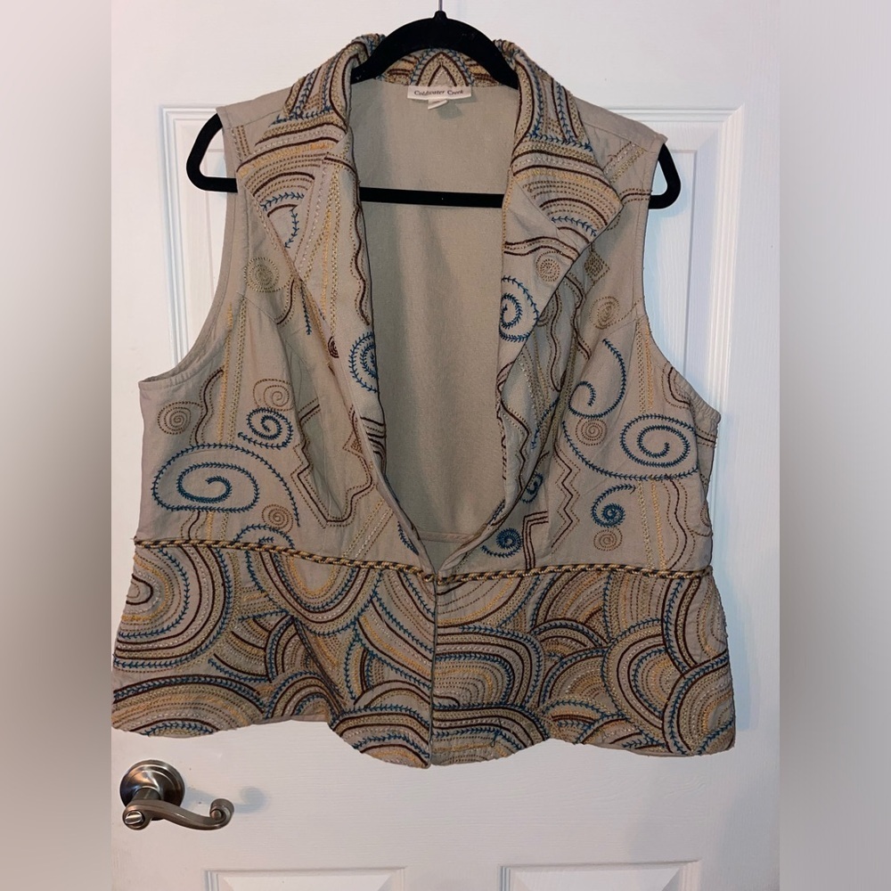 Coldwater Creek Beige Vest with Blue and Gold Embroidery